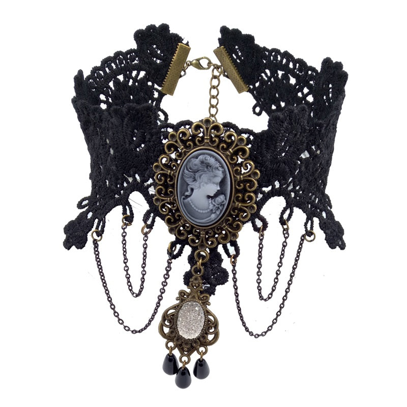A woman wearing a CJ Gothic Style Pearl Lace Pendant Necklace.