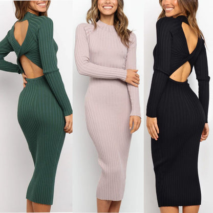 Two women in Maramalive™ New Style Women's Suits Sweater Dresses Women's Solid Color Backless Bow Tight Dresses.