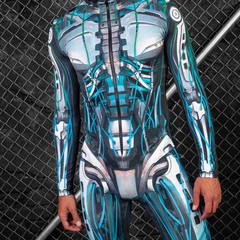 Person wearing a futuristic, robotic-themed Maramalive™ Halloween New Tights 3D Digital Printing One-piece Play Costume, standing in front of a chain-link fence with a diagonal metal bar.