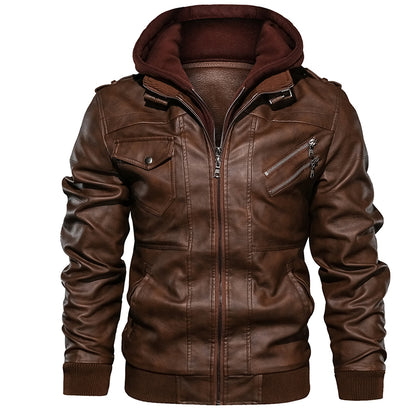 Maramalive™ Casual Biker Faux Leather Jacket with Hood - Motorcycle Faux Leather Coat.