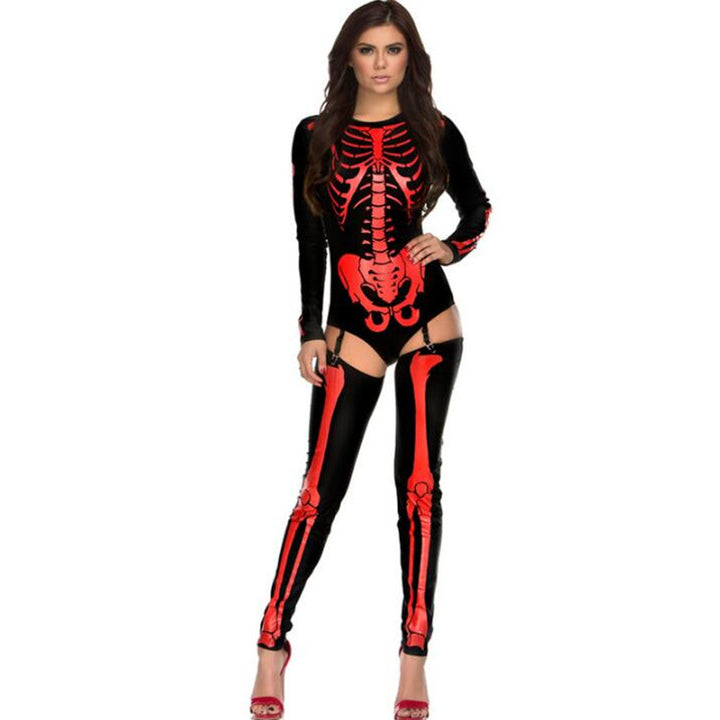 A woman in a Maramalive™ Halloween Cosplay Costume Skull Zombie Uniform.