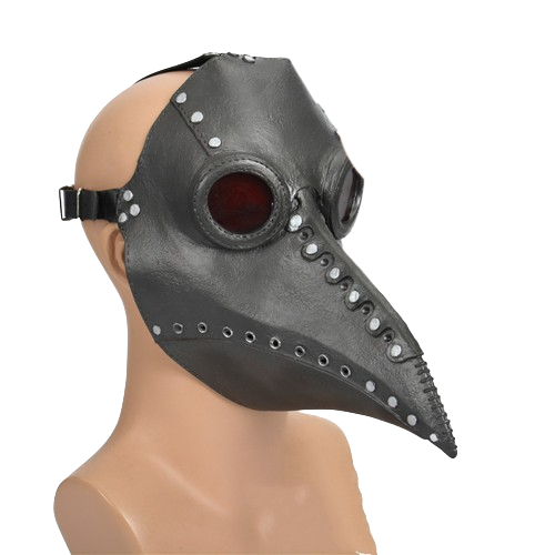 A Maramalive™ Halloween New Product Steampunk Plague Doctor Beak Mask with black color, red eyes and spikes.