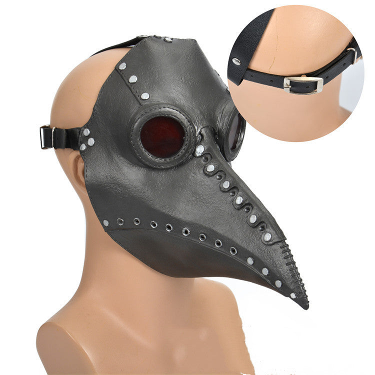 A Maramalive™ Halloween New Product Steampunk Plague Doctor Beak Mask with black color, red eyes and spikes.
