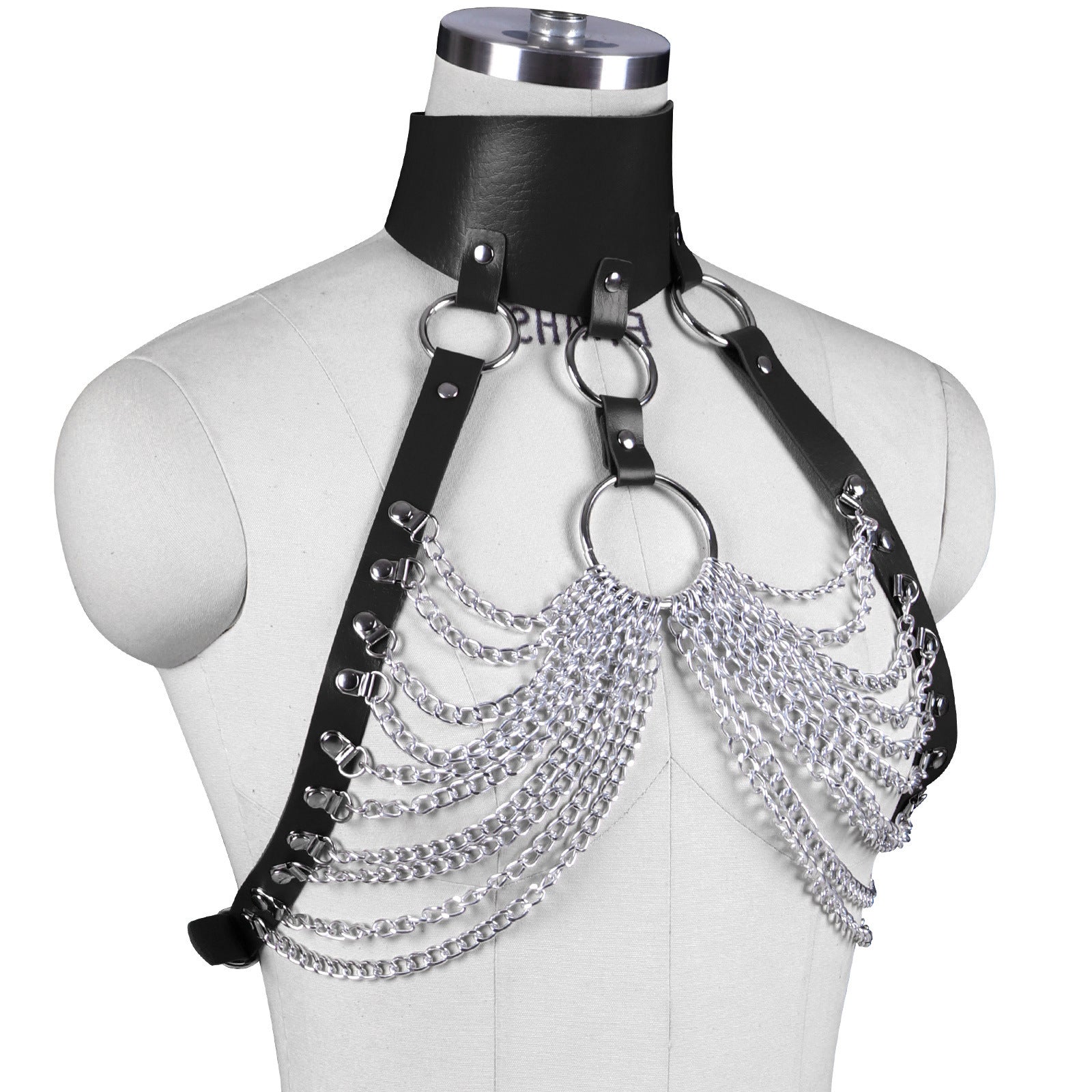 A Maramalive™ mannequin with a Punk Gothic Body Leather Strap Jewelry around her neck.