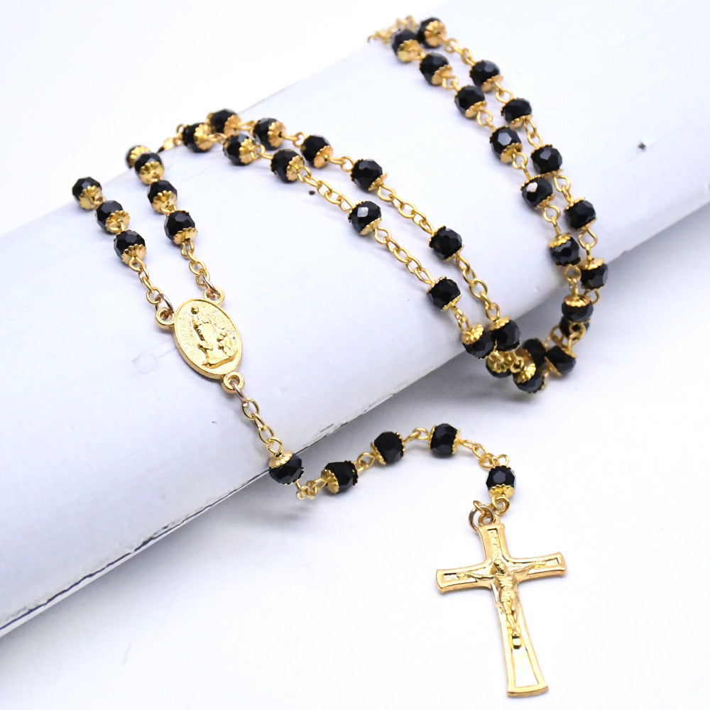 Black Crystal Gold Rosary Necklace
