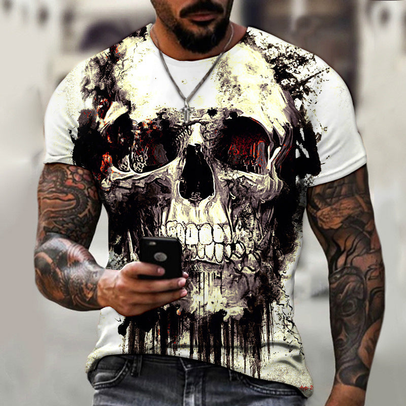 A man with tattoos, wearing a white Maramalive™ New Summer Horror Skull 3d Men's T-shirt made of polyester fiber featuring a large graphic of a skull, looks at his phone while walking.
