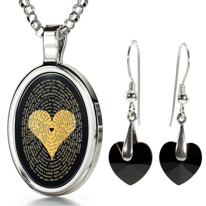 A black and gold "Multilingual I Love You" 24k Gold Necklace & Earrings Set with the words i love you written on it, by Maramalive™.