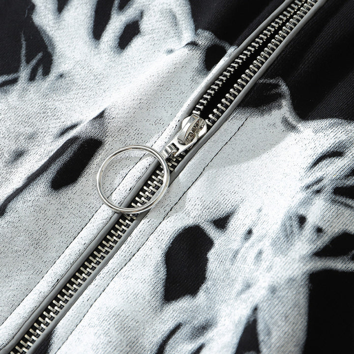 Close-up of a silver zipper with a ring pull tab on a black and white patterned autumn hoodie, made from cotton blended fabric: the Maramalive™ FallWinter College BF Wind Hooded Cardigan Sweatshirt National Tide Printed Loose Sports Casual Hoodie.