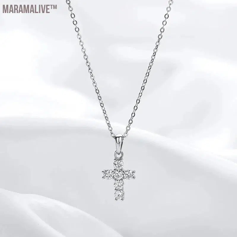 3mm Moissanite Cross Pendant for Women 6pcs Gemstone Sparkling Simulated Diamond S925 Silver Moissanite Necklace