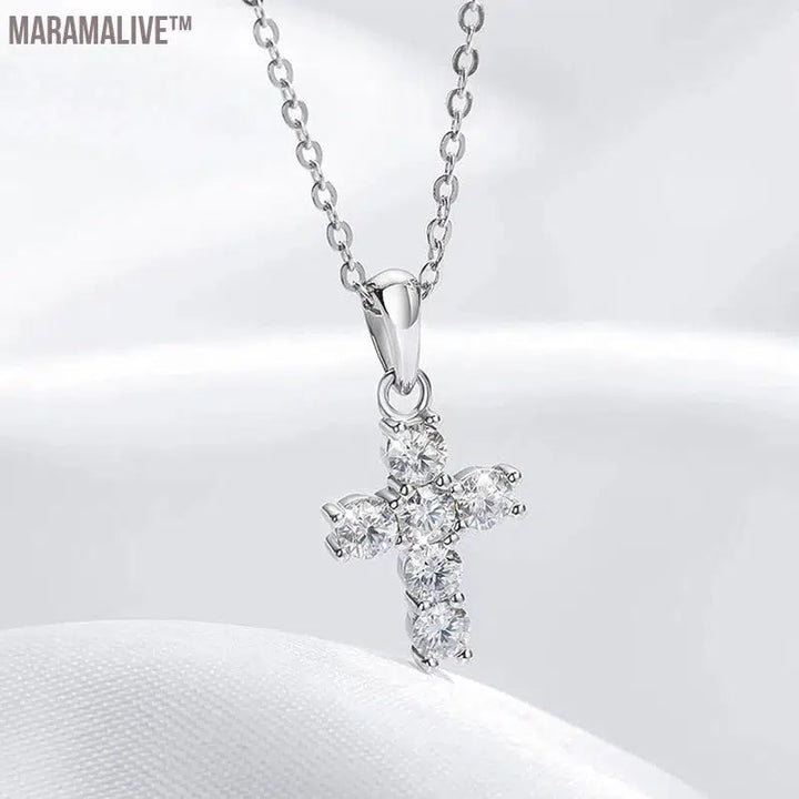 3mm Moissanite Cross Pendant for Women 6pcs Gemstone Sparkling Simulated Diamond S925 Silver Moissanite Necklace