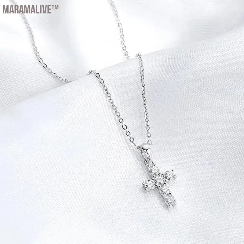 3mm Moissanite Cross Pendant for Women 6pcs Gemstone Sparkling Simulated Diamond S925 Silver Moissanite Necklace