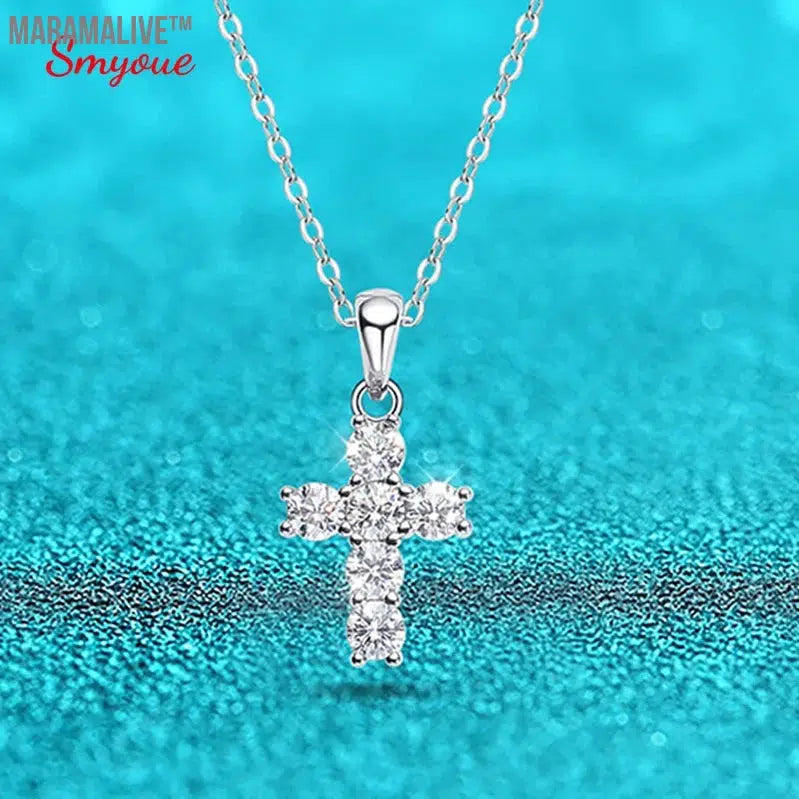 3mm Moissanite Cross Pendant for Women 6pcs Gemstone Sparkling Simulated Diamond S925 Silver Moissanite Necklace