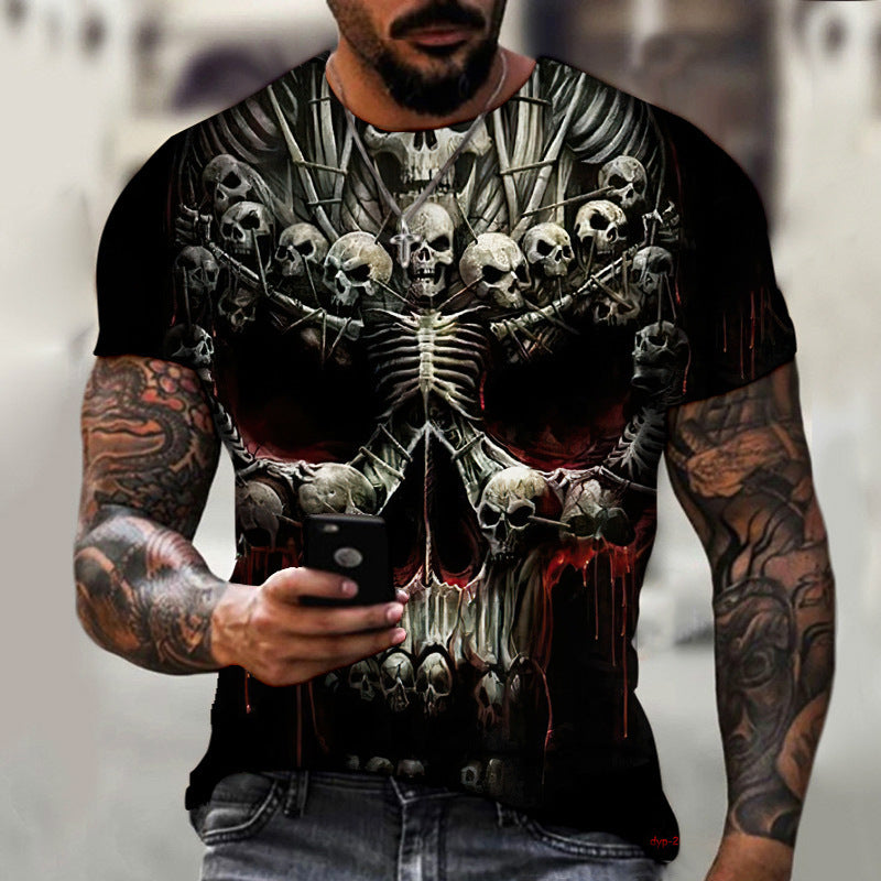 A man with tattooed arms wearing a black t-shirt featuring a detailed skull and skeleton design, created using 3D digital printing, looks at his phone. He is dressed in the Maramalive™ New Summer Horror Skull 3d Men's T-shirt.