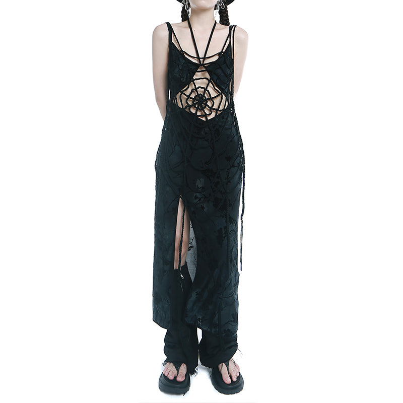 A woman in a Harajuku Gothic Red Black Spider Web Tassel Hollow Out Long Tank Top from the brand Maramalive™ with fabric information.