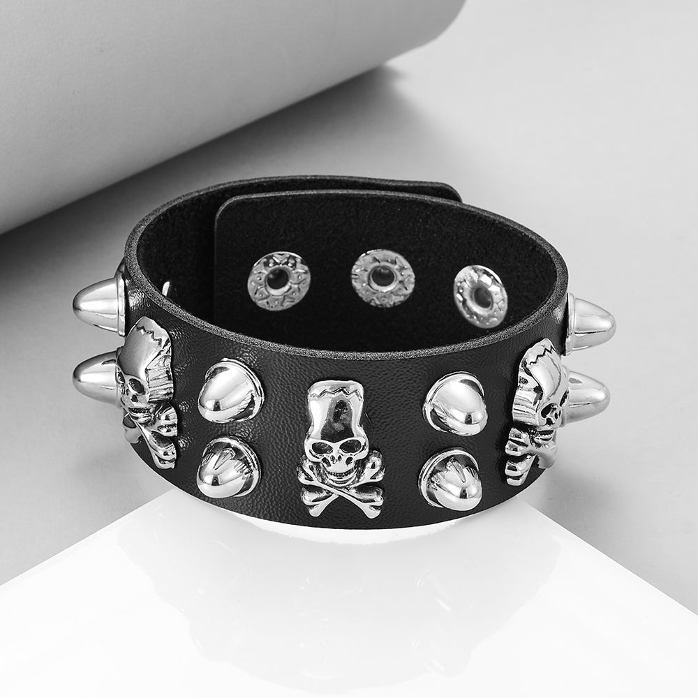 A fashionable Maramalive™ Round Rivet Gothic Bracelet Hip Hop Dark Skull Head Leather Bracelet adorned with skulls and spikes.