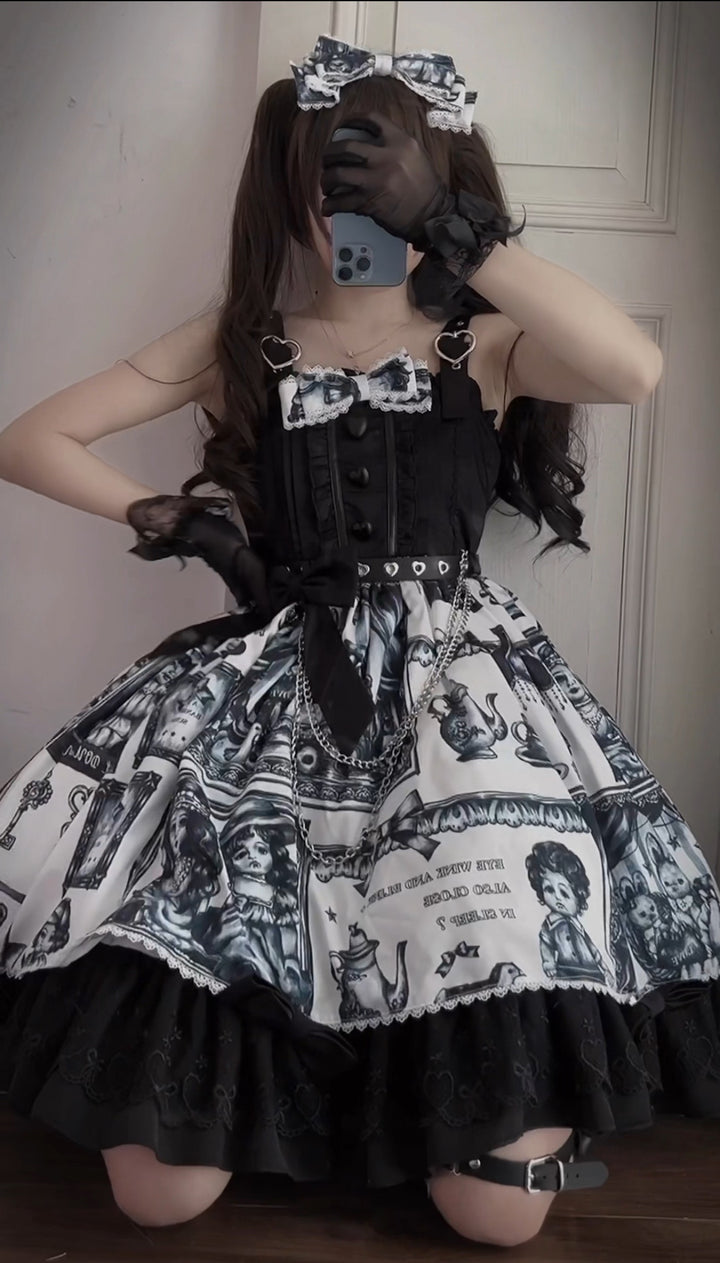 A girl is posing in a Maramalive™ Gothic Dark Twelve O'clock Doll Dress.