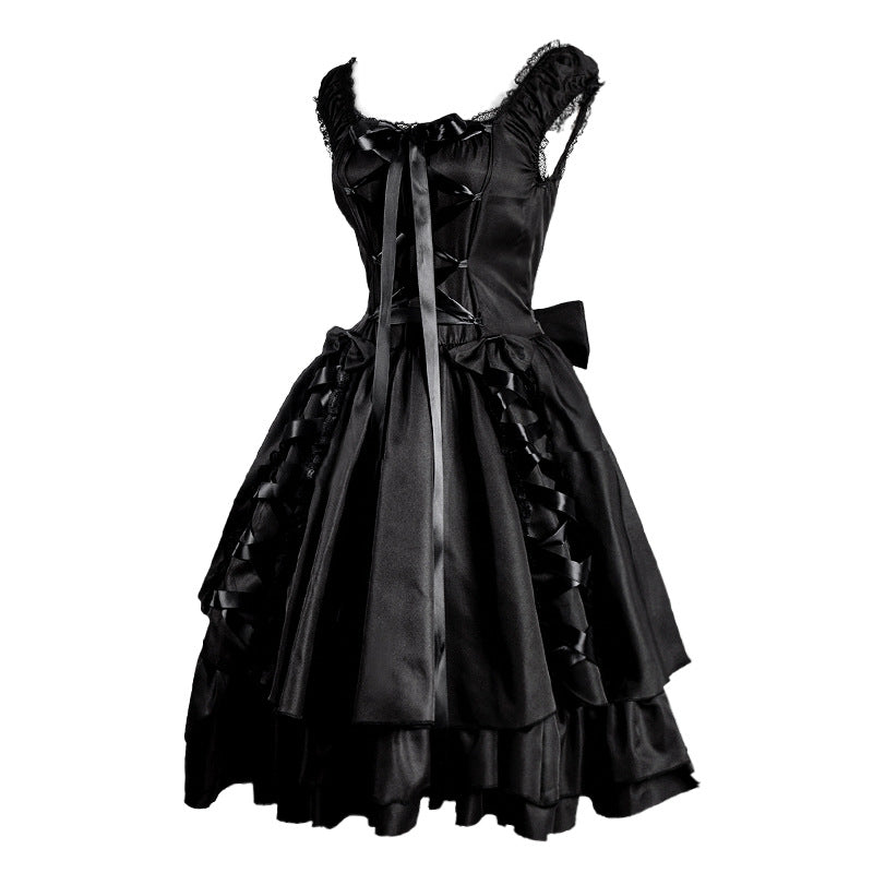 A black Middle Ages Renaissance Gothic Women's Dress Rope High Waist with a bow on it from Maramalive™.