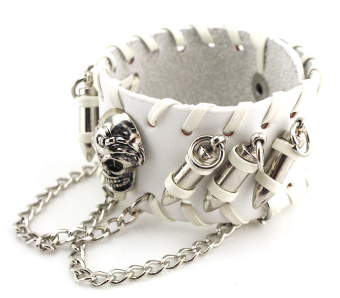 A Black Vegan Leather Bullet Wristband with Skull Metal Chain Bracelet by Maramalive™.