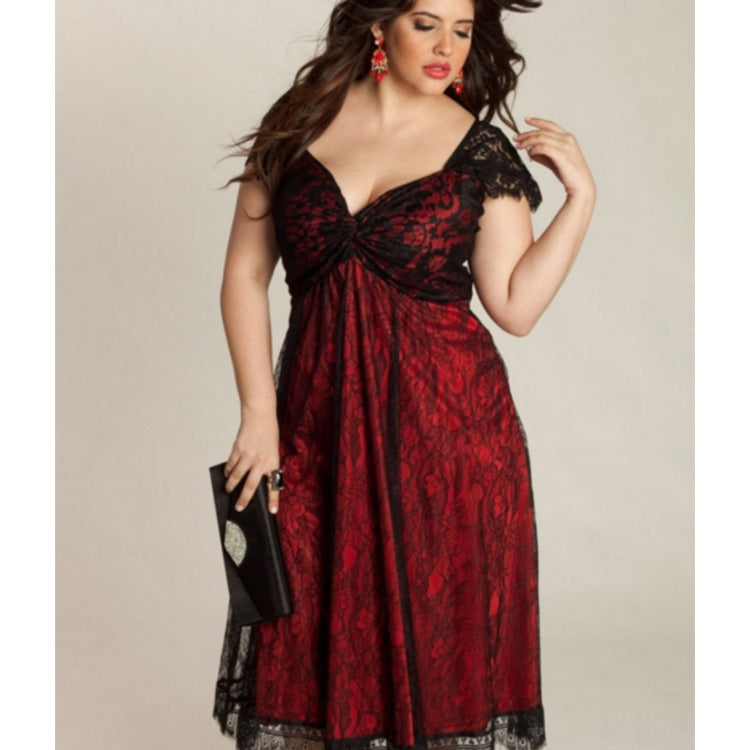 Two plus size women in red and black Gothic Big Code Lace dresses from Maramalive™.