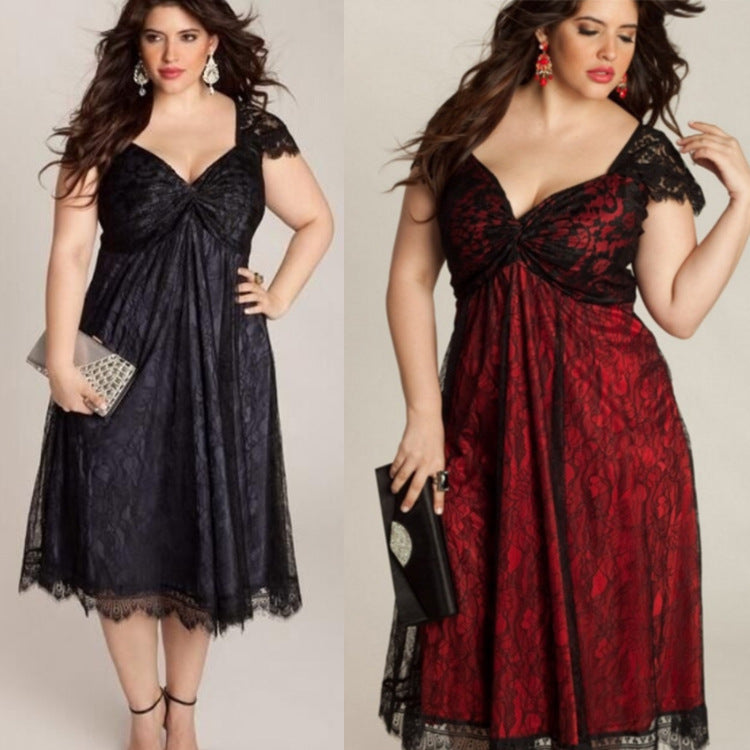 Two plus size women in red and black Gothic Big Code Lace dresses from Maramalive™.