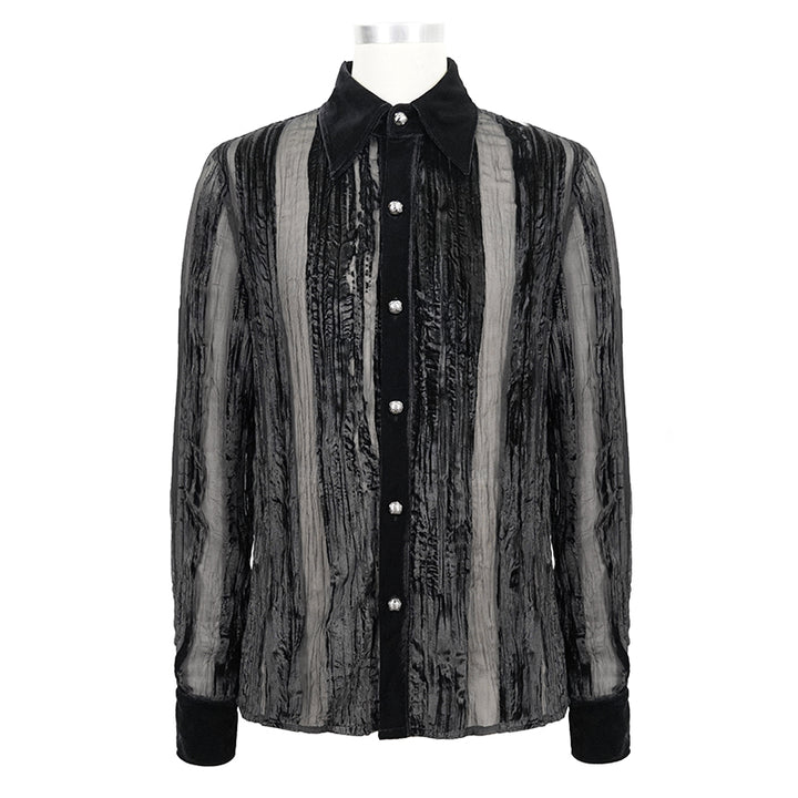 A Men's Demon Fashion Gothic Striped Velvet Burnt-out Pleated Shirt by Maramalive™, displayed on a white mannequin torso.