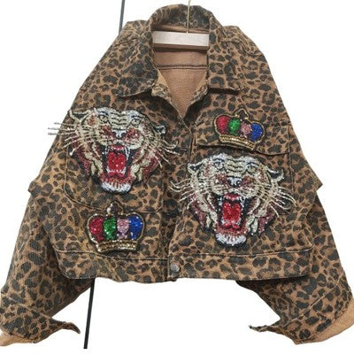 A Leopard Print Studded With Nails Bead Mesh Gauze Stitching Denim Short Coat Female with two embroidered tiger faces and colorful crowns on the front, available in various size options by Maramalive™.