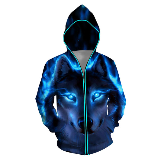 Maramalive™ Photoelectric Hoodie featuring a large, detailed image of a blue wolf face with glowing eyes and a blue trim along the zipper and hood lining, showcasing cutting-edge digital printing techniques for ultimate street style.