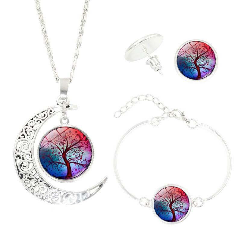 A Tree of Life Time Gemstone Stud Earrings, Bracelet and Necklace Jewelry Set with a tree on the moon by Maramalive™.