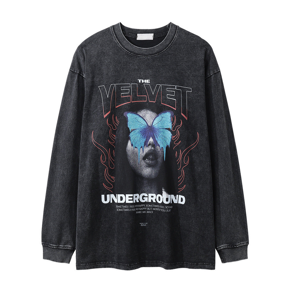 This Maramalive™ Men's Dark Character Old Washed Long-sleeved T-shirt features "The Velvet Underground" text and a graphic of a woman's face with a blue butterfly overlay, surrounded by red flames. Available in Asian sizes.