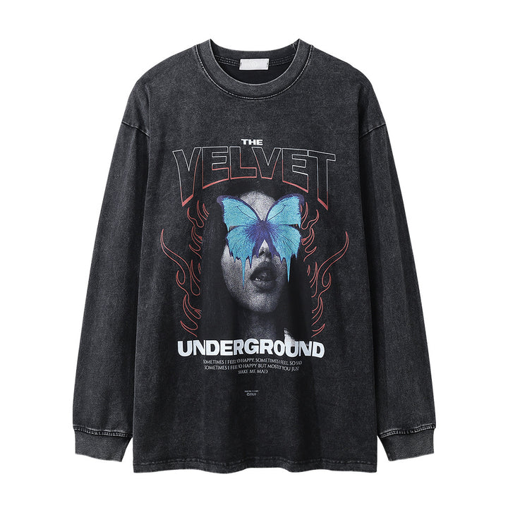 This Maramalive™ Men's Dark Character Old Washed Long-sleeved T-shirt features "The Velvet Underground" text and a graphic of a woman's face with a blue butterfly overlay, surrounded by red flames. Available in Asian sizes.