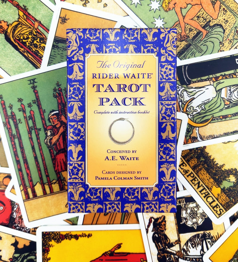A box of Maramalive™ Tarot English Tarot cartoon Tarot with a blue background.