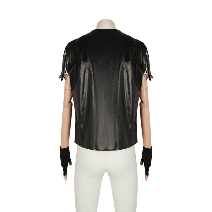 A mannequin dressed in a black sleeveless leather top with fringed shoulder details, black gloves, and white pants, viewed from the back—exuding an edgy Harajuku style reminiscent of game animation role-playing characters is wearing the European Retro Vest For Men by Maramalive™.