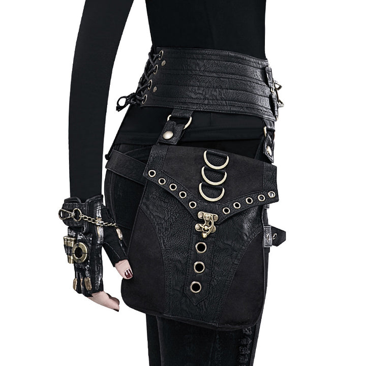 The back view of a woman wearing a Maramalive™ Steampunk PU Leather Women's Bag Outdoor waist belt.