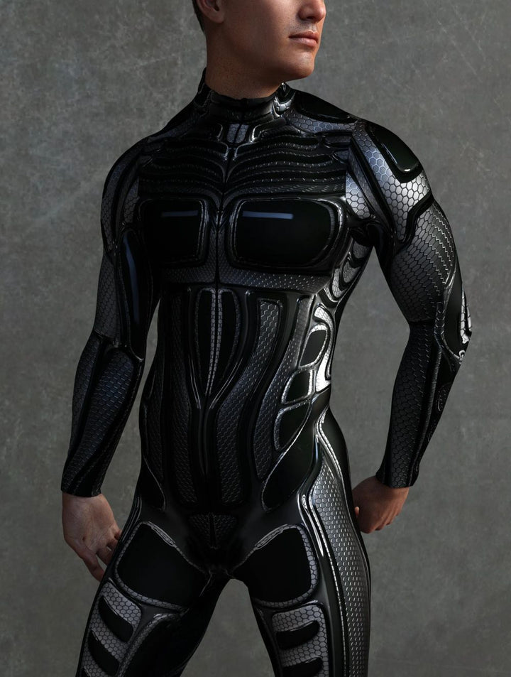 A person dressed in a black and silver futuristic suit with intricate designs, reminiscent of European and American style, stands against a gray background. The attire, possibly crafted from a Chemical Fiber blend, evokes the imagination of game animation role-playing characters. It appears to be the 3D Digital Printed Cosplay One-piece Costume from Maramalive™.