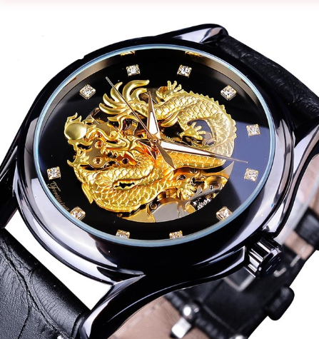 A Maramalive™ Dragon Hollow Mechanical Watch with black leather strap.