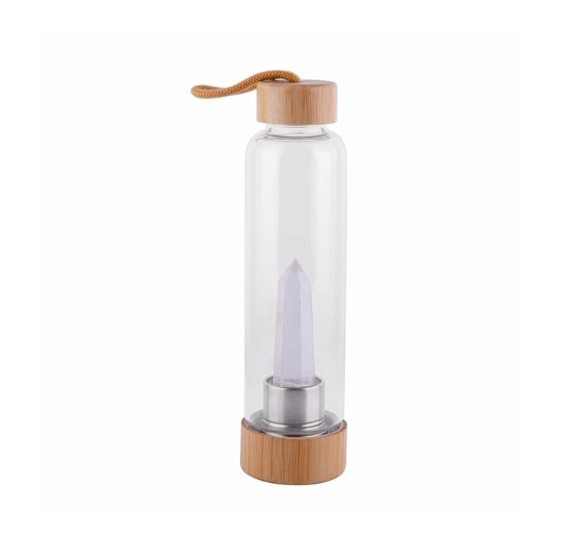 A Crystal Infused Water Bottle with a wooden lid and a note, by Maramalive™.