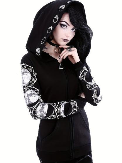 Person wearing a Maramalive™ Black & White Moon Hoodie, Large Hooded Zip Up Front Pocket Sweater, Gothic Casual Tops, Women's Clothing with moon phase designs on the sleeves and hood, embodying Gothic fashion, accessorized with a choker and dark makeup.