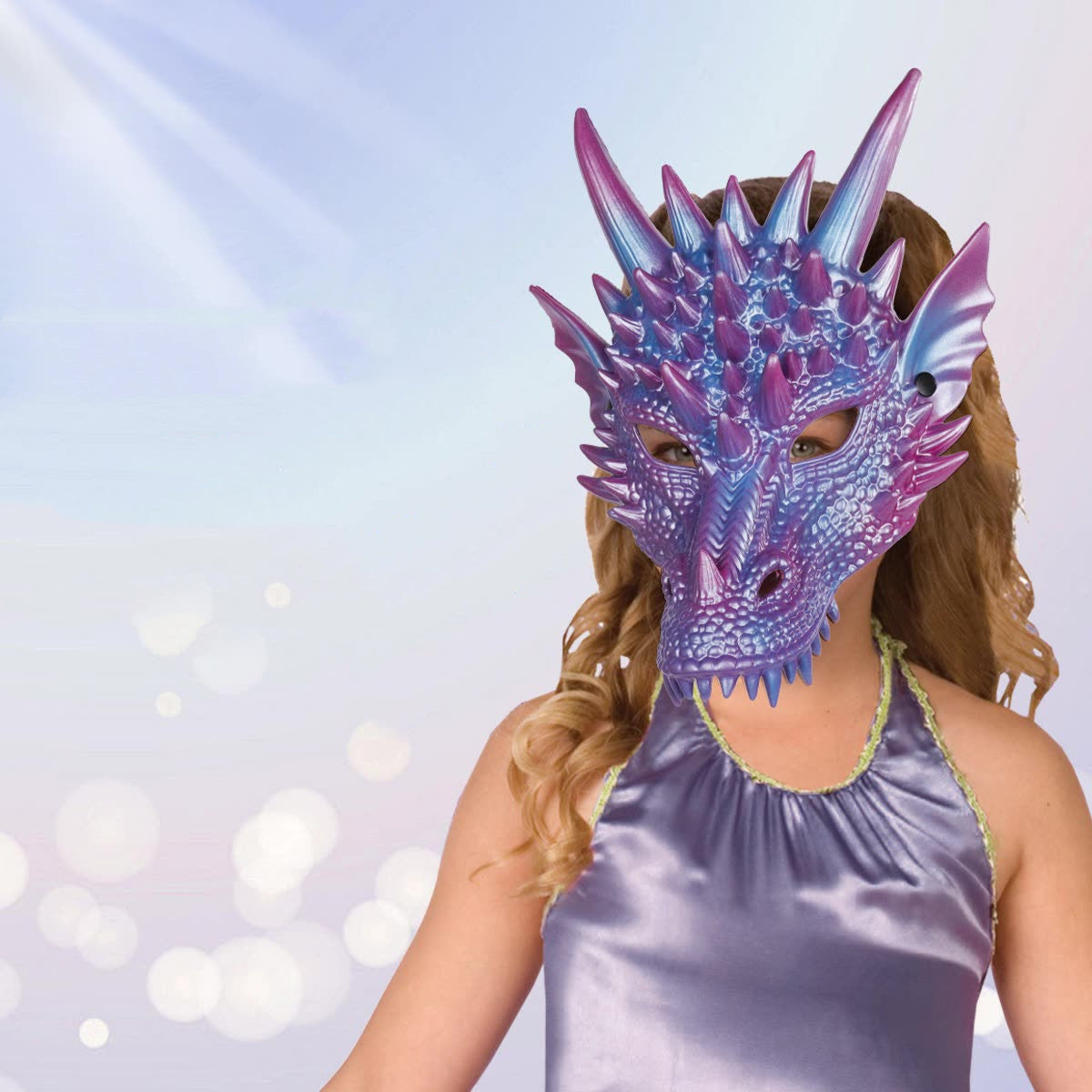 A woman wearing a Maramalive™ Pearl Blue Dragon Mask Cos Party.