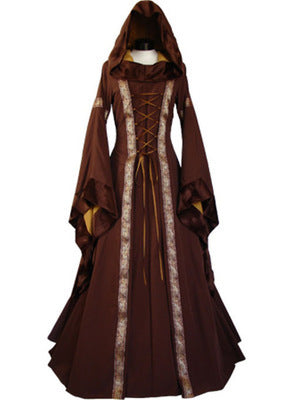 A Maramalive™ Halloween Stage Victorian women's dress Stepping into the Past with a hood, crafted from polyester fiber.