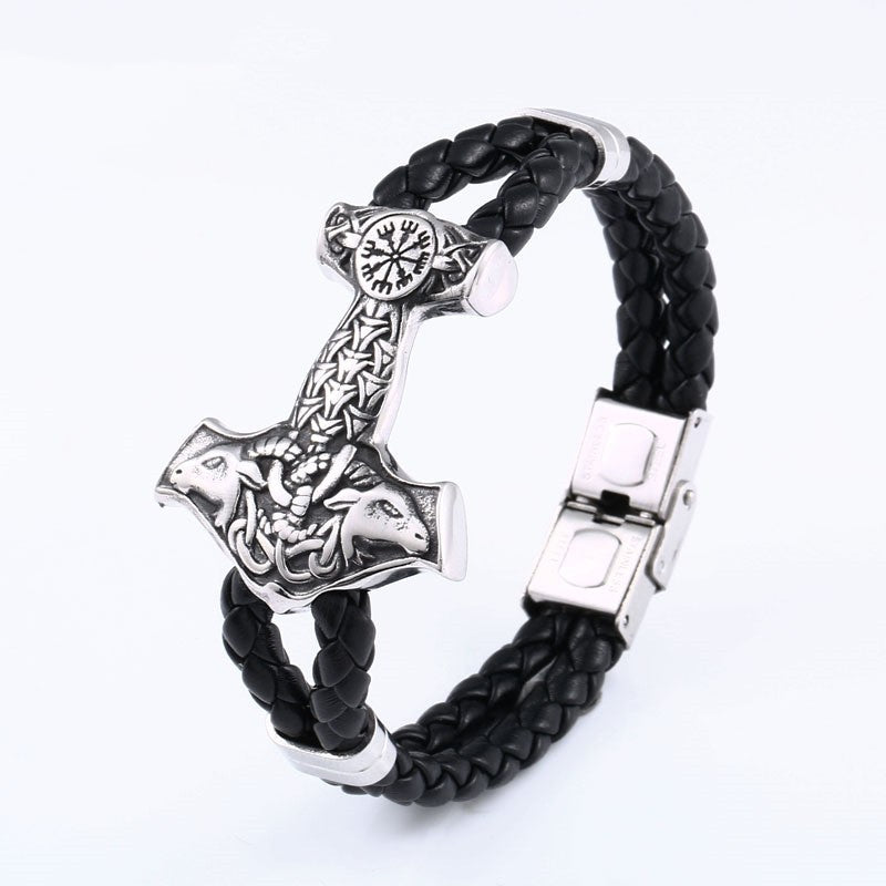 A Retro Viking Titanium Steel Soft Leather Bracelet with a viking hammer on it by Maramalive™.