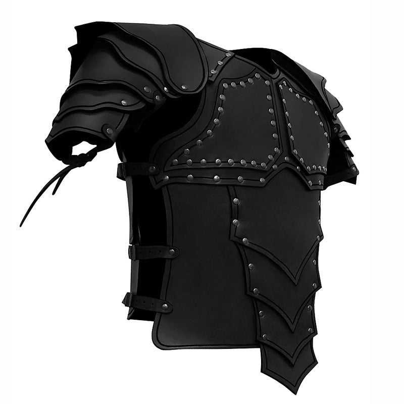 A black Anime Real-life Costume Samurai Armor COSPLAY Synthetic Leather Men's Clothing by Maramalive™, with shoulder guards, crafted from durable synthetic leather and featuring multiple riveted plates, perfect for any European fantasy setting.
