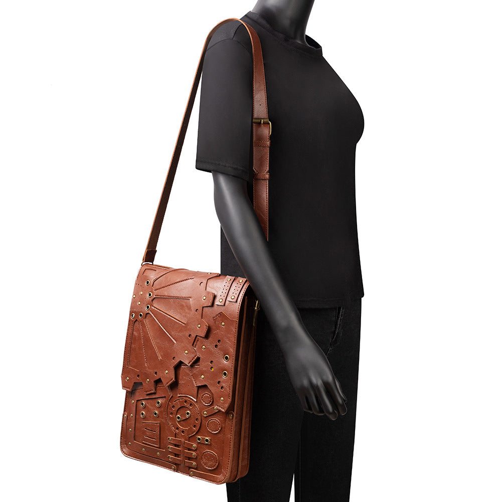 A Maramalive™ European Beauty New Steampunk Retro Gear Backpack on a mannequin head.