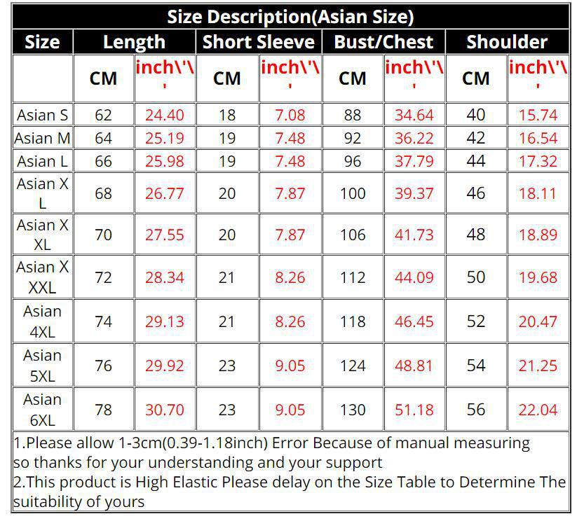 Table displaying shirt sizes for Asian Size S to 6XL with measurements in centimeters and inches for Length, Short Sleeve, Bust/Chest, and Shoulder. Made from high-quality polyester fiber, the New Summer Horror Skull 3d Men's T-shirt by Maramalive™ features vibrant patterns thanks to 3D digital printing. Note: Potential measurement errors may occur.