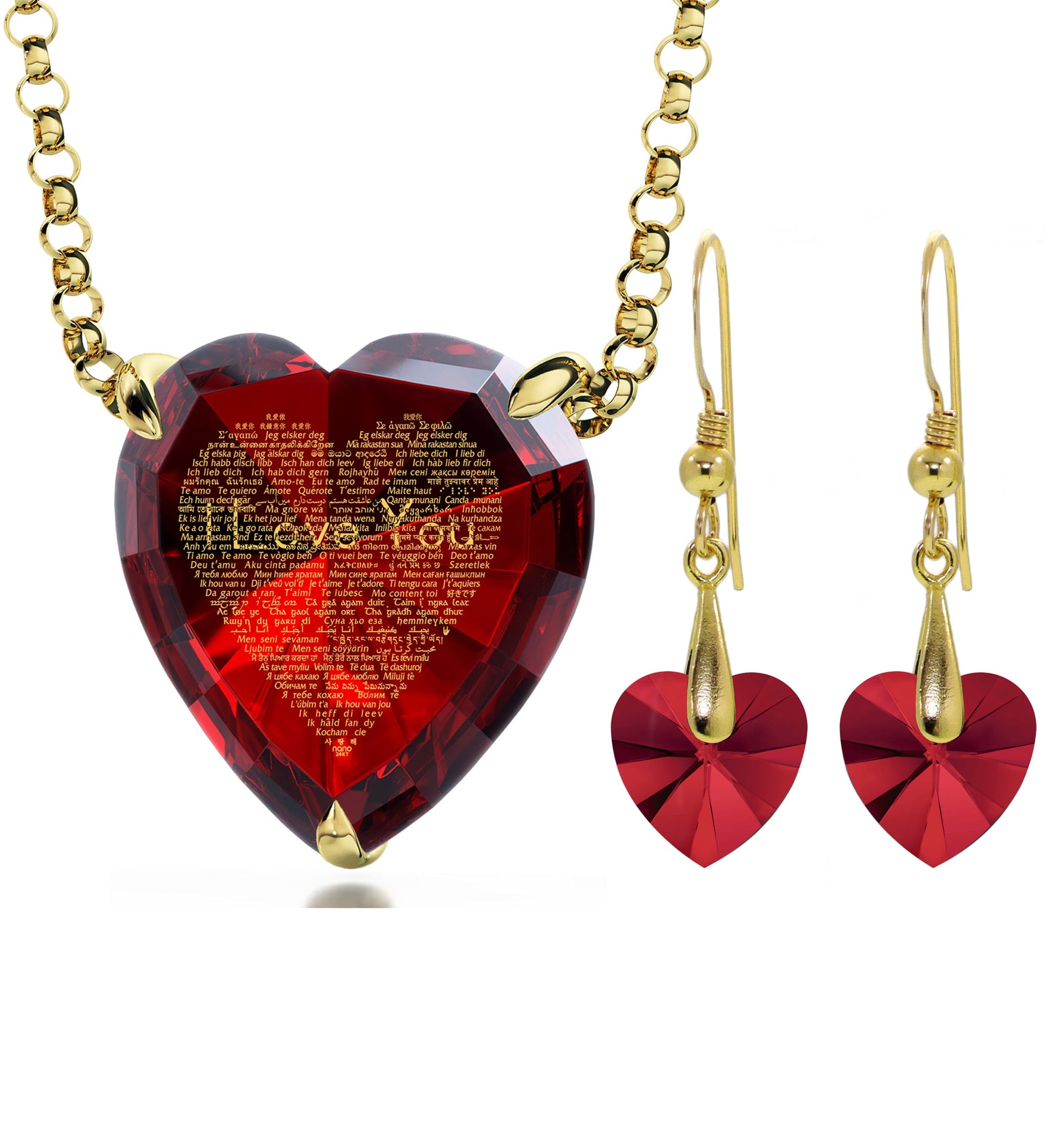 A Maramalive™ Gold Plated Silver Heart Jewelry Set 120 Languages I Love You Necklace and Crystal Earrings in black and gold.