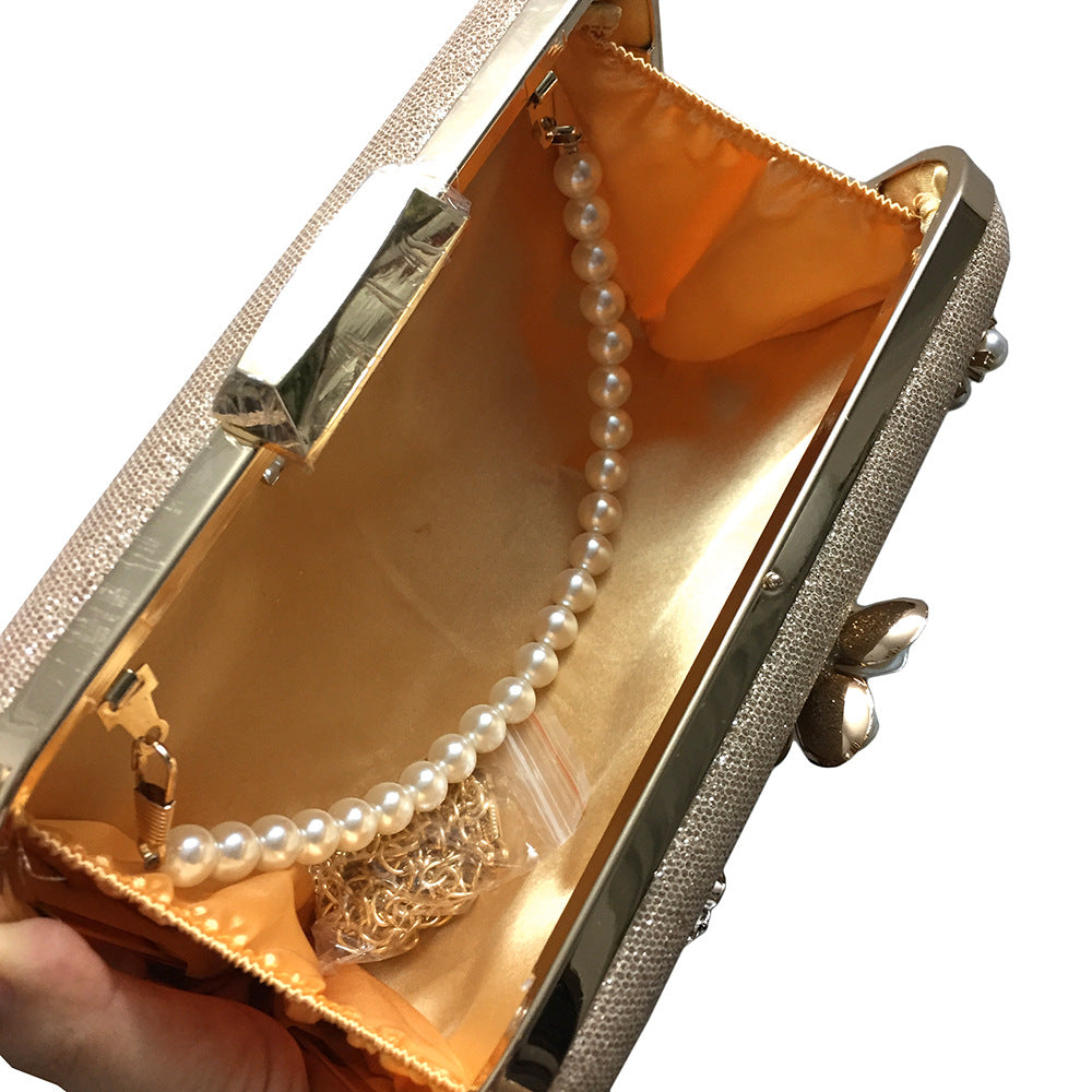 Diamond-studded pearl petal chain tassel dinner bag