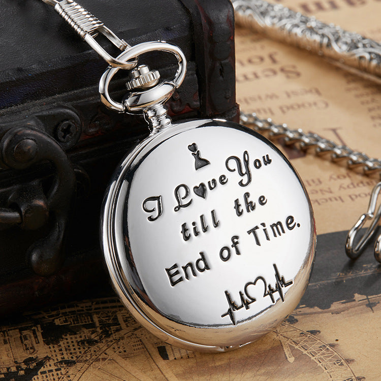 A Maramalive™ Engraving Vintage Quartz Pocket Watch Pendant Vintage Pocket Watch with a quartz movement type and a dial diameter that says "I love you till the end of time.