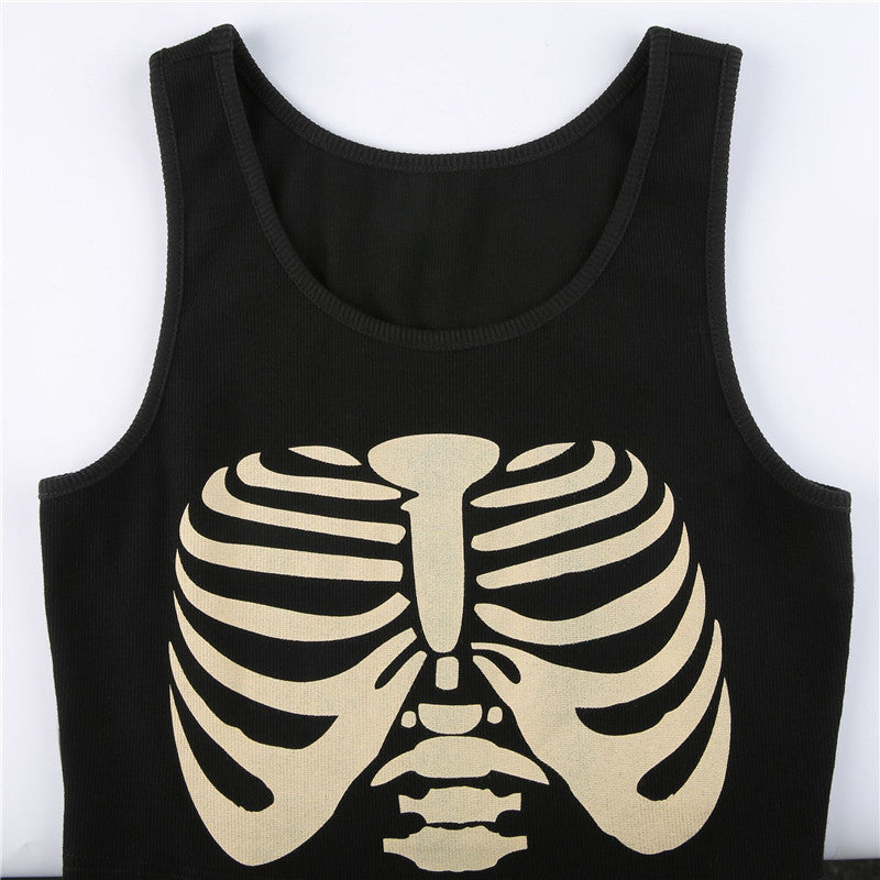The Maramalive™ Gothic Style Vest Skull Print Fashion features a striking white skeleton ribcage graphic on the front and is crafted from a comfortable polyester fiber blend. Note: available in Asian sizes.