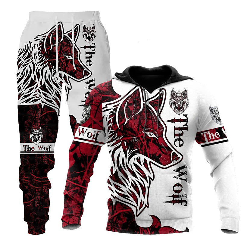 A matching white Hooded Tracksuit with Three-dimensional Art by Maramalive™ includes a hoodie and pants featuring large red and black wolf designs with "The Wolf" text printed on both pieces, creating a three-dimensional art effect.