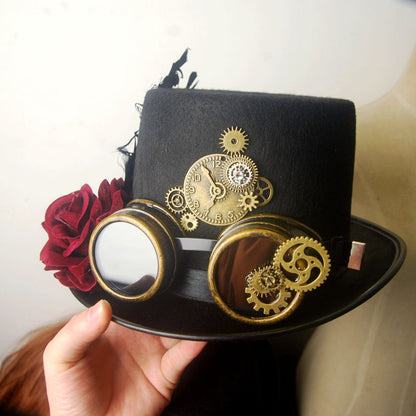 A person holding a Maramalive™ Gentleman Hat Top Hat Aristocrat Steampunk and some glasses.