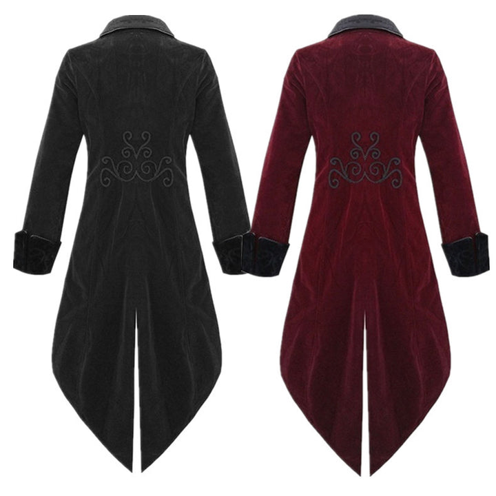 This Maramalive™ long punk men's coat in vintage clothing is suitable for any season. It is made of a cotton-blended fabric, providing comfort and style. Perfect for stage costumes or any occasion that calls for a gothic velvet jacket.
